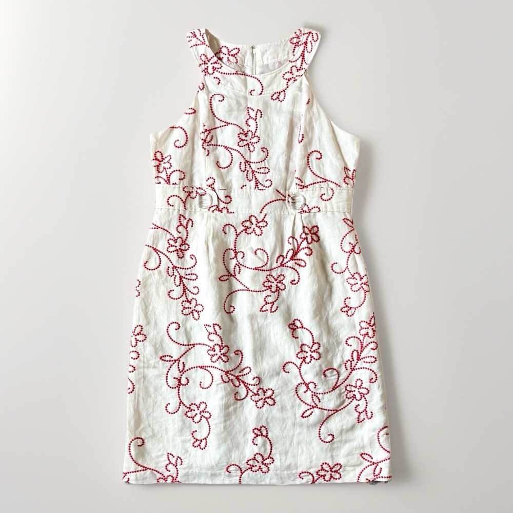 Willow Glenn Linen Blend Shift Dress 14 L/XL Red White Resortwear Coastal Midi‎
